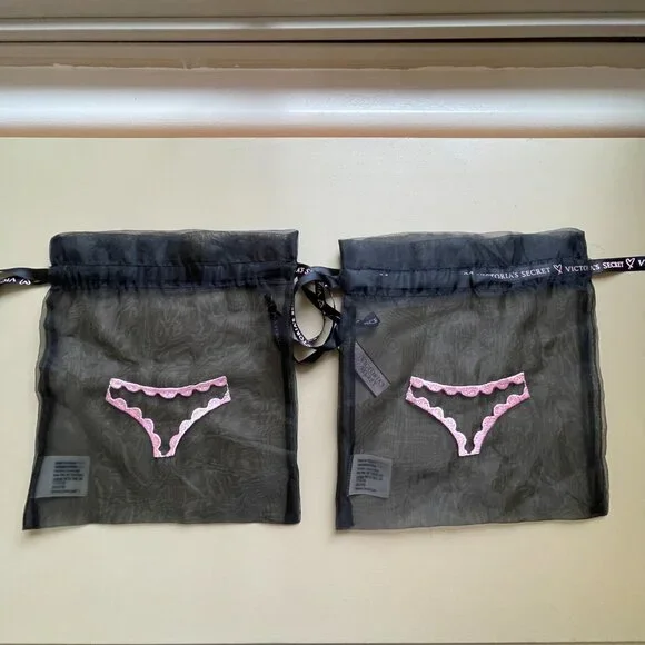 New Victoria's Secret Lingerie Bags Set of 2 Storage Travel Sheer Black Pink NWT - Picture 2 of 4